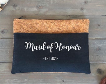 Personalised Maid of Honour Gift Makeup Bag, Eco Friendly Cork Leather Vegan Makeup Pouch, Bridal Party Gifts