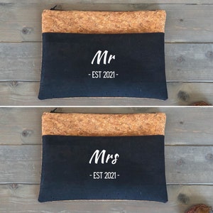 Custom Honeymoon Mr & Mrs Wash Bag, Hubby Wifey Est Toiletry Travel Bag, Personalised Cork Leather Gift for Newlyweds