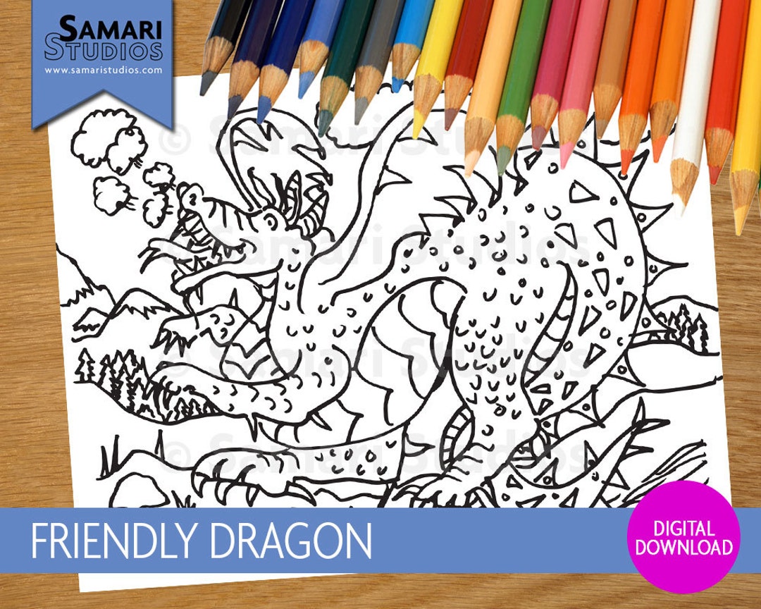 Friendly Dragon - Hand Drawn Printable Coloring Sheet - Kids Coloring ...
