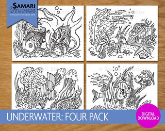 Paquete submarino de 4 - Hoja para colorear imprimible dibujada a mano - Página para colorear para niños - Descarga instantánea - Imprimible