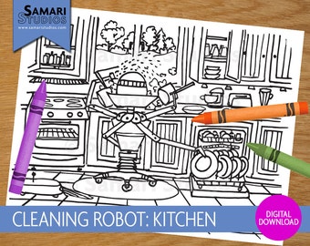 Robots de limpieza: Cocina - Hoja para colorear imprimible dibujada a mano - Página para colorear para niños - Descarga instantánea - Imprimible