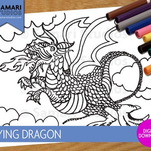 Flying Dragon - Hand Drawn Printable Coloring Sheet - Kids Coloring Page - Instant Download - Printable