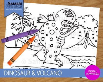 Dinosaurio y volcán - Hoja para colorear imprimible dibujada a mano - Página para colorear para niños - Descarga instantánea - Imprimible