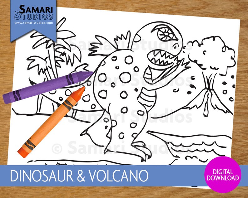 Dinosaur & Volcano - Hand Drawn Printable Coloring Sheet - Kids ...