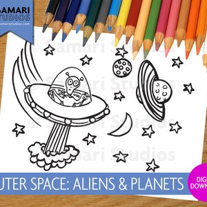 Outer Space: Aliens & Planets - Hand Drawn Printable Coloring Sheet - Kids Coloring Page - Instant Download - Printable