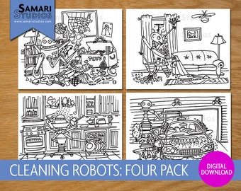 Robots de limpieza 4 Pack - Hoja para colorear imprimible dibujada a mano - Página para colorear para niños - Descarga instantánea - Imprimible