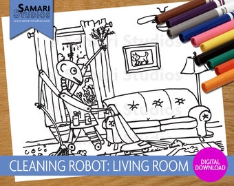 Robots de limpieza: Sala de estar - Hoja para colorear imprimible dibujada a mano - Página para colorear para niños - Descarga instantánea - Imprimible