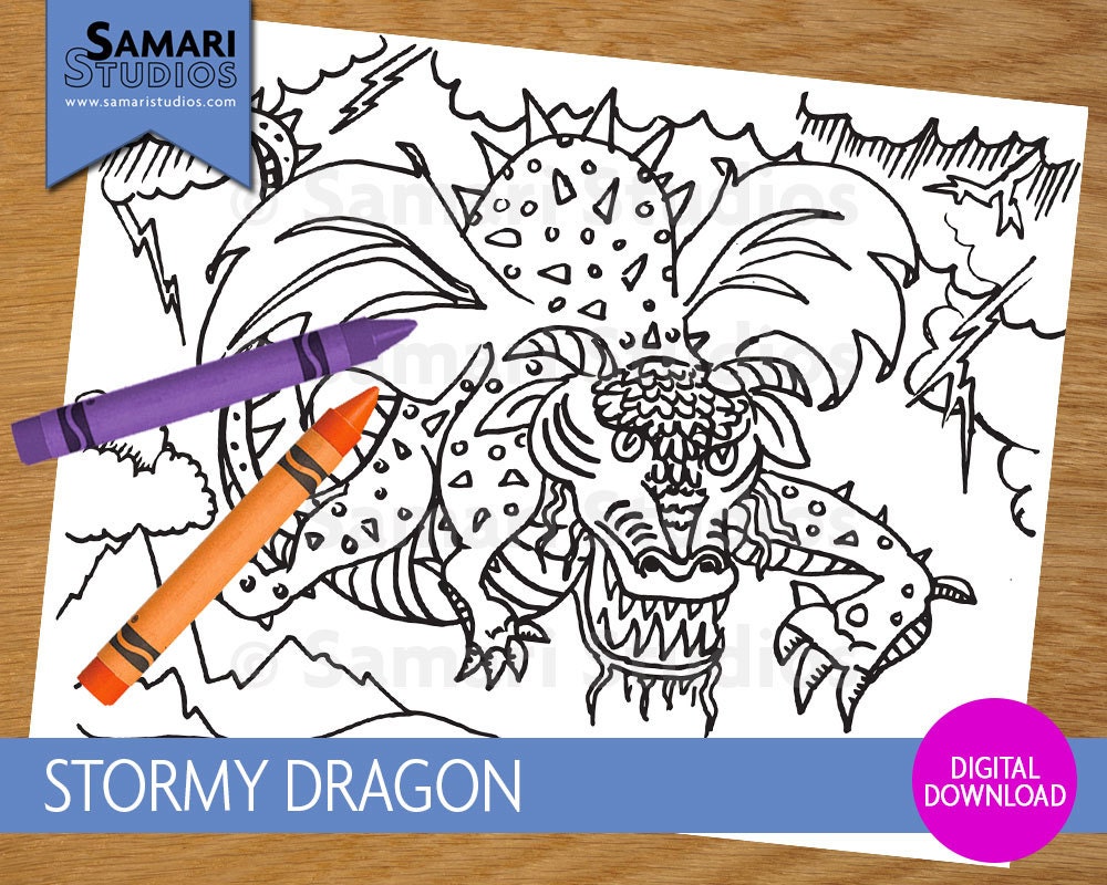 stormy dragon hand drawn printable coloring sheet kids etsy