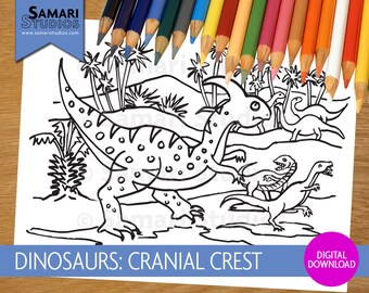 Dinosaurio: Dinosaurio de cresta craneal - Hoja para colorear imprimible dibujada a mano - Página para colorear para niños - Descarga instantánea - Imprimible