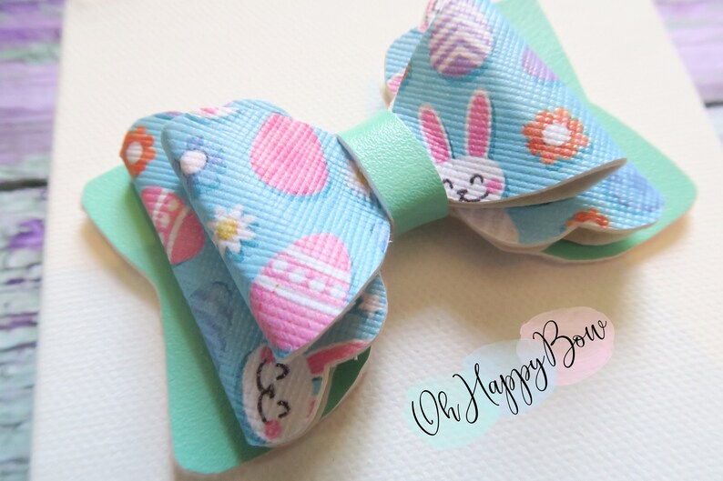 Easter hairbow-bunny bow-stacked bow-eggs-spring bow-girls bow-newborn-pigtails-baby girl-handmade bow-faux leather bow-hair clip-headband