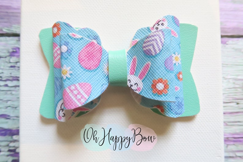 Easter hairbow-bunny bow-stacked bow-eggs-spring bow-girls bow-newborn-pigtails-baby girl-handmade bow-faux leather bow-hair clip-headband