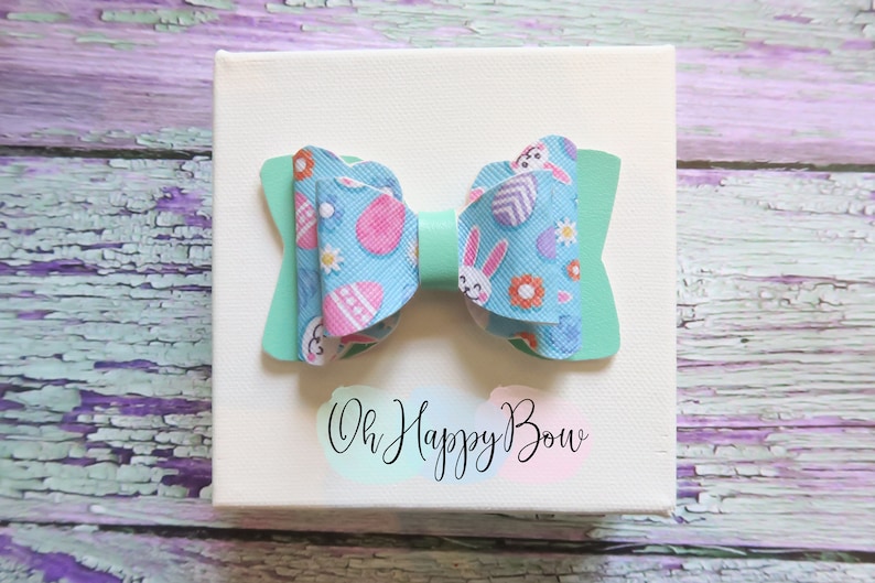 Easter hairbow-bunny bow-stacked bow-eggs-spring bow-girls bow-newborn-pigtails-baby girl-handmade bow-faux leather bow-hair clip-headband