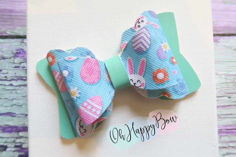 Easter hairbow-bunny bow-stacked bow-eggs-spring bow-girls bow-newborn-pigtails-baby girl-handmade bow-faux leather bow-hair clip-headband