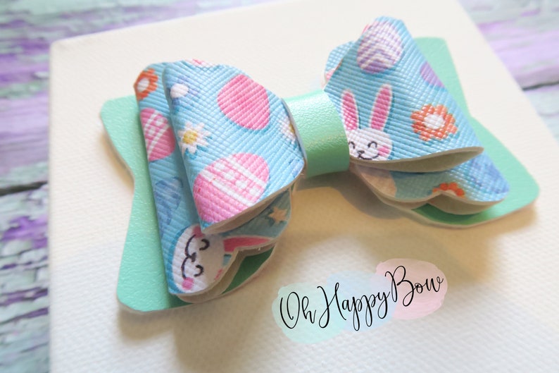 Easter hairbow-bunny bow-stacked bow-eggs-spring bow-girls bow-newborn-pigtails-baby girl-handmade bow-faux leather bow-hair clip-headband
