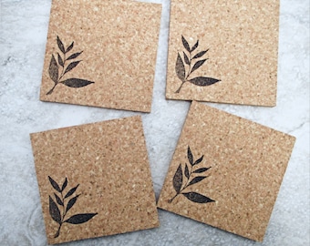 Leaves Coaster Set, 4pc thick cork coaster set, hand stamped natural absorbent cork, gift under 10, fresh design, springtime coasters