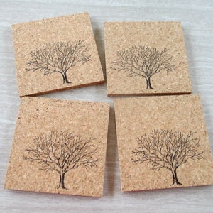Lone Tree Coaster Set, 4pc thick cork coaster set, handstamped natural absorbent cork