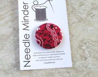 Needle Minder, Design #24, classic red, black & white bandana print, Strong double magnet, great gift idea, stocking stuffer