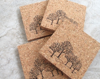 Bare Trees Coaster Set, 4pc thick cork coaster set, handstamped natural absorbent cork
