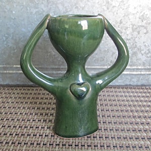 VTG Flower Frog, Figure with heart, green glazed pottery, 1970s to 1990s, C715-4