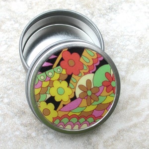 Mod Floral decorated tin, screw top lid, purse and travel organizer, choice of size, orange green pink floral design