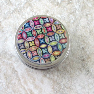 Multicolor circles tin, Screw top lid, purse and travel organizer, choice of size, secure sport container, stocking stuffer