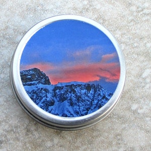 Blue Sunset tin, screw top  lid, purse and travel organizer, choice of size, landscape design tin, winter sunset scene, magnetic pin storage