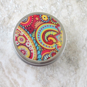 Bright Paisley decorated tin, Screw top lid, purse and travel organizer, choice of size, secure sport container, stocking stuffer
