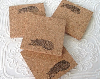 Sleeping Cat Coaster Set, 4pc thick cork coaster set, handstamped natural absorbent cork, housewarming gift, gift under 10
