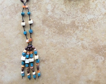 Boho Stone Necklace, handmade Necklace, Turquoise, Black, Wood beads, Rustic Necklace, Knotted Necklace, Boho Necklace