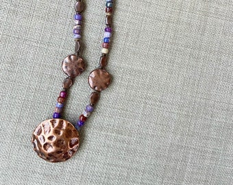 Purple Pendant, Stone Necklace, Wood Bead Necklace, Beaded Boho, Knotted Necklace, Short Necklace, Rustic Necklace, Bohemian