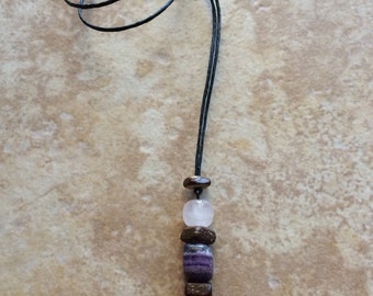 Glass Stone Pendant, Purple, Beaded Pendant, Wood Beads, Colorful Pendant, Teen Jewelry, Boho, Bohemian Jewelry, Rustic, Cord, Teens