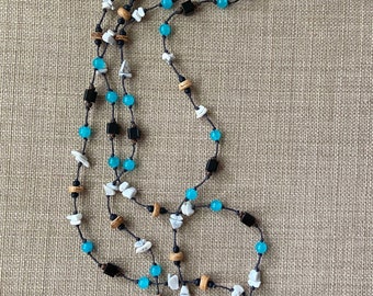 Turquoise Necklace, Wood Beads Necklace, Long Necklace, Rustic Jewelry, Boho, Gypsy, Black Necklace, Bohemian, Brown, Knotted Jewelry