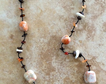 Marbled Stones Necklace, Stone Necklace with White and Orange Stones, Boho Jewelry, Bohemian Necklace, Wooden Beads, Rustic, Women Necklace