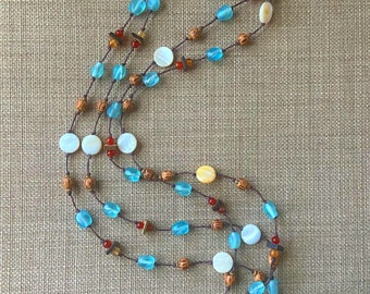 Orange and Turquoise Necklace, Rustic Necklace, Boho Necklace, Stone Necklace, Bohemian, Beaded Necklace, Wood beads, Long Necklace