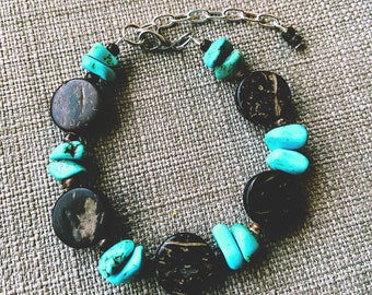 Turquoise Stone Bracelet, Wooden Bracelet, Turquoise Bracelet, Rustic Jewelry, Bohemian Bracelet, Boho Jewelry