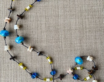 Long Knotted Beads Necklace, Blue Turquoise, Boho Rustic Style, 26 inch
