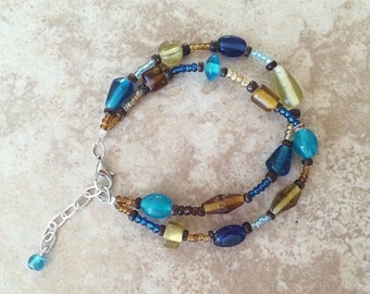 Glass Beads Bracelet with Seed Beads and Wood Beads, Boho Jewelry, Bohemian Style Bracelet, Gift, Rustic Bracelet, Double Bracelet