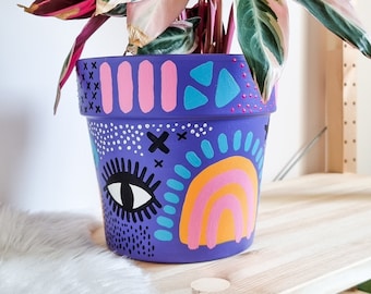 POP Art Planter, large plant pot 19.5cm, hand painted plant pot, Indoor Planter with Drainage Hole, Colourful Plant Pot