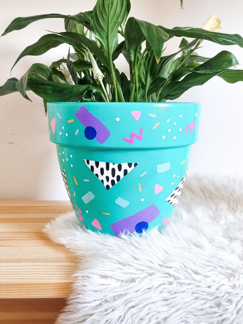 Memphis Style Hand Painted Terracotta Pot Large Plant Pot Etsy