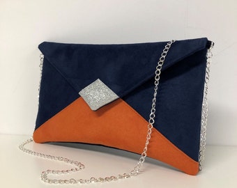 Clutch de boda con lentejuelas azul marino, naranja y plateado / Clutch de noche de ante en forma de sobre, personalizable / Bolso de cadena