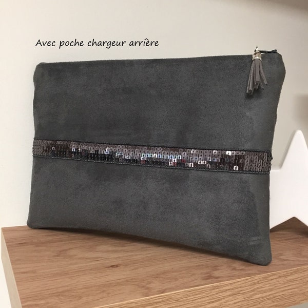 11 to 16 inch laptop sleeve, dark grey and glitter / MacBook sleeve with charger pocket / Customizable case