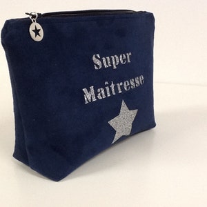 Customizable teacher's bag, navy blue and silver / Make-up bag, suede, glitter / Personalized teacher's gift image 8