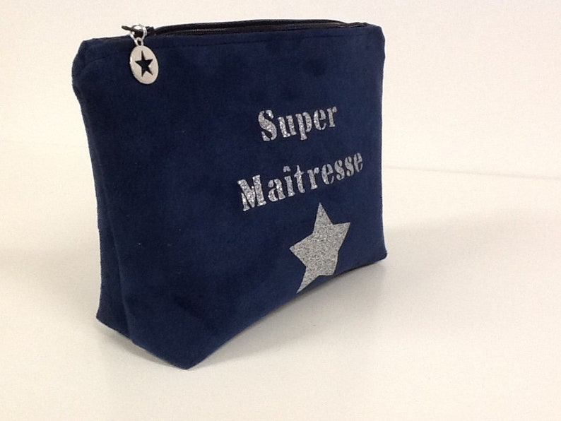 Customizable teacher's bag, navy blue and silver / Make-up bag, suede, glitter / Personalized teacher's gift image 8