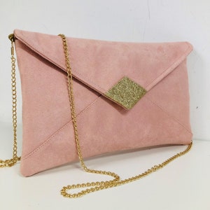 Pochette mariage rose poudré en suédine, paillettes dorées / Pochette soirée personnalisable avec ou sans chainette / Sac à main bandoulière