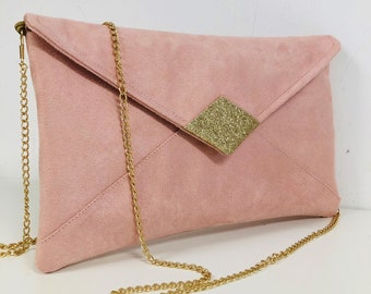 Pochette mariage rose poudré en suédine, paillettes dorées / Pochette soirée personnalisable avec ou sans chainette / Sac à main bandoulière