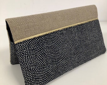 Porte chéquier lin et tissu japonais Komon / Etui chéquier bleu nuit, beige et doré / Housse carnet de chèques personnalisable