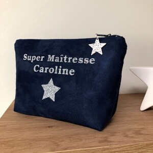 Customizable teacher's bag, navy blue and silver / Make-up bag, suede, glitter / Personalized teacher's gift image 2