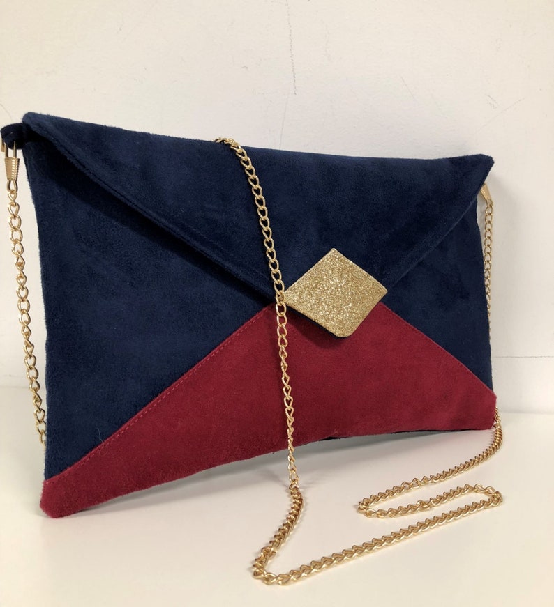 Navy blue, fuchsia pink and gold sequins wedding clutch bag / Envelope-shaped evening clutch bag, customizable suede / Women's handbag image 6