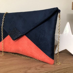 Navy blue and coral wedding clutch bag with sequins / Suedette evening clutch bag, customizable / Chain handbag image 9
