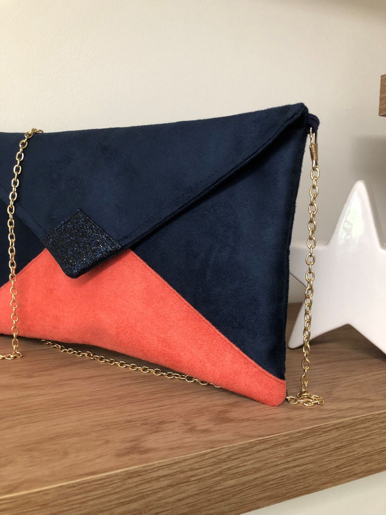 Navy blue and coral wedding clutch bag with sequins / Suedette evening clutch bag, customizable / Chain handbag image 9